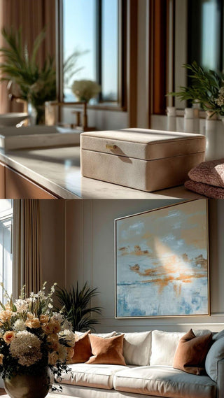 Suede jewelry storage box styled on a marble vanity in a sunlit Santa Monica modern bedroom with warm wood cabinetry and minimal decor. Quiet Horizon framed art print with soft horizon tones styled above a neutral sofa in a refined living room, shown in a gold frame by Third & Main