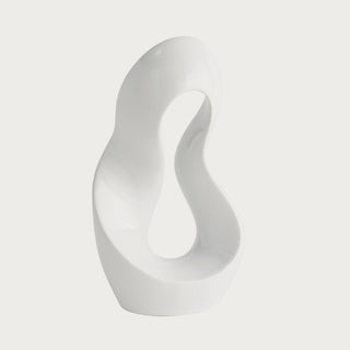 Lyra Sculpture in Glossy White - abstract curved clay sculpture in high-gloss white glaze, front view, Third & Main