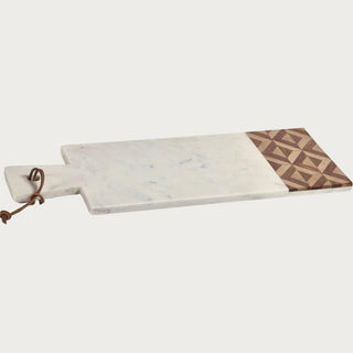 Marble and wood cheese board with chevron wood inlay, full board studio product shot