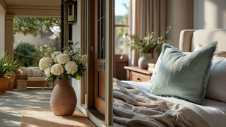 Teardrop shaped woven seagrass vase with natural texture and sculptural silhouette, styled as a warm organic floor accent. Eucalyptus mist linen pillow with soft fringe trim and relaxed texture, styled as a light and airy decorative accent atop a bed or couch. 