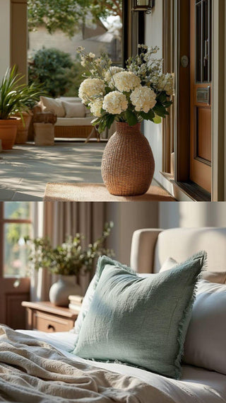 Teardrop shaped woven seagrass vase with natural texture and sculptural silhouette, styled as a warm organic floor accent. Eucalyptus mist linen pillow with soft fringe trim and relaxed texture, styled as a light and airy decorative accent atop a bed or couch. 