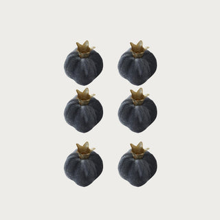 Set of six 2.25-inch dusty dark blue velvet pomegranate bowl fillers with warm gold crown tops for fall and seasonal decor.