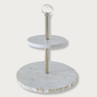 Mother of pearl and marble two tier tray stand for serving or display, Third & Main