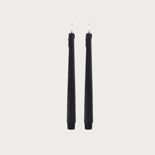 Set of two 11.5 inch black wax LED taper candles with realistic drip detailing, flameless light and 6-hour timers for dining, mantel, fall and Halloween decor.