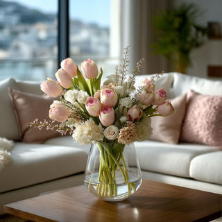 Light pink True Bloom real touch six stem tulip bundle styled as a refined spring floral arrangement in a vase