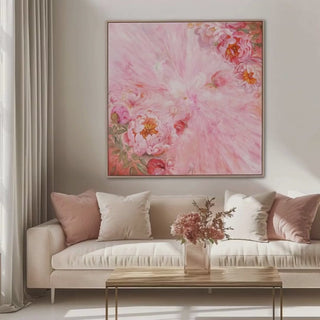 Short display video of Kate Tova “Peony Power” 39x39 contemporary floral wall art styled above a neutral sofa in a luxury Miami living room with soft pink peony artwork, modern brass coffee table, and natural light.