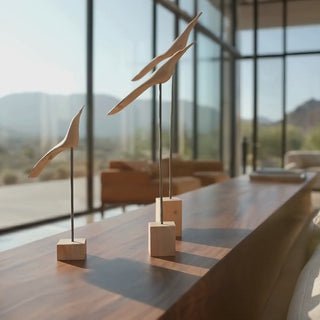 Trio of Wooden Bird Sculptures on iron bases Styled on a Walnut Console in a Luxury Scottsdale, Arizona Home 