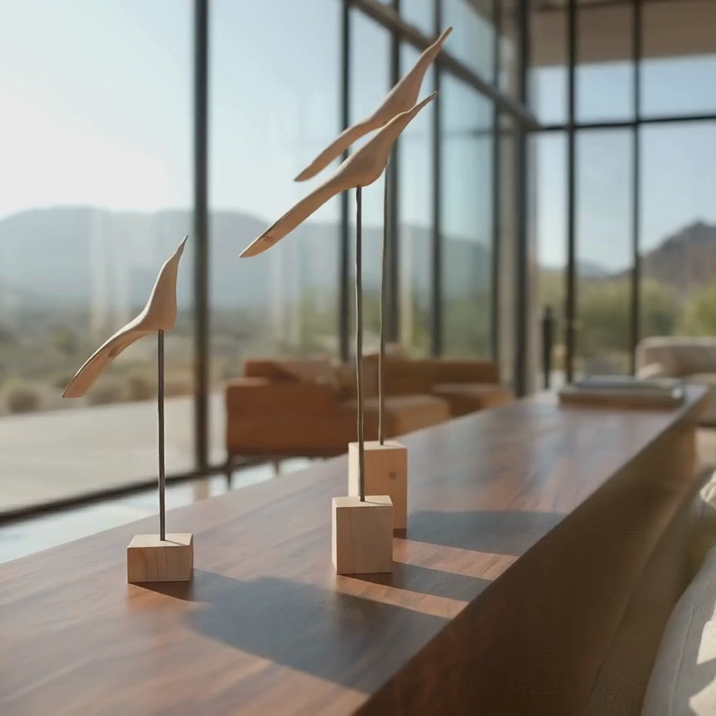 Trio of Wooden Bird Sculptures on iron bases Styled on a Walnut Console in a Luxury Scottsdale, Arizona Home 