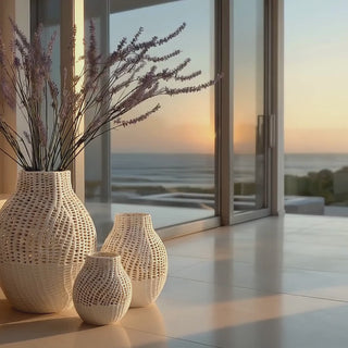 White_Latticework_Vase_Trio_at_Golden_Hour_Santa_Monica_Luxe_Entryway