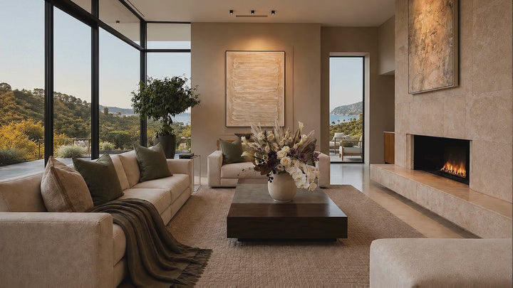 Designer Curated Luxury Living Room with Large art, soft linen throw pillows, and large designer floral arrangement. Colors used are cream, brown, spruce green, dark woods, and linen materials