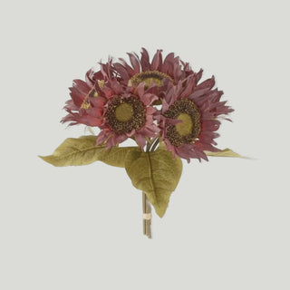 Video of a fall inspired burgundy faux sunflower bundle rotating 360 degrees 