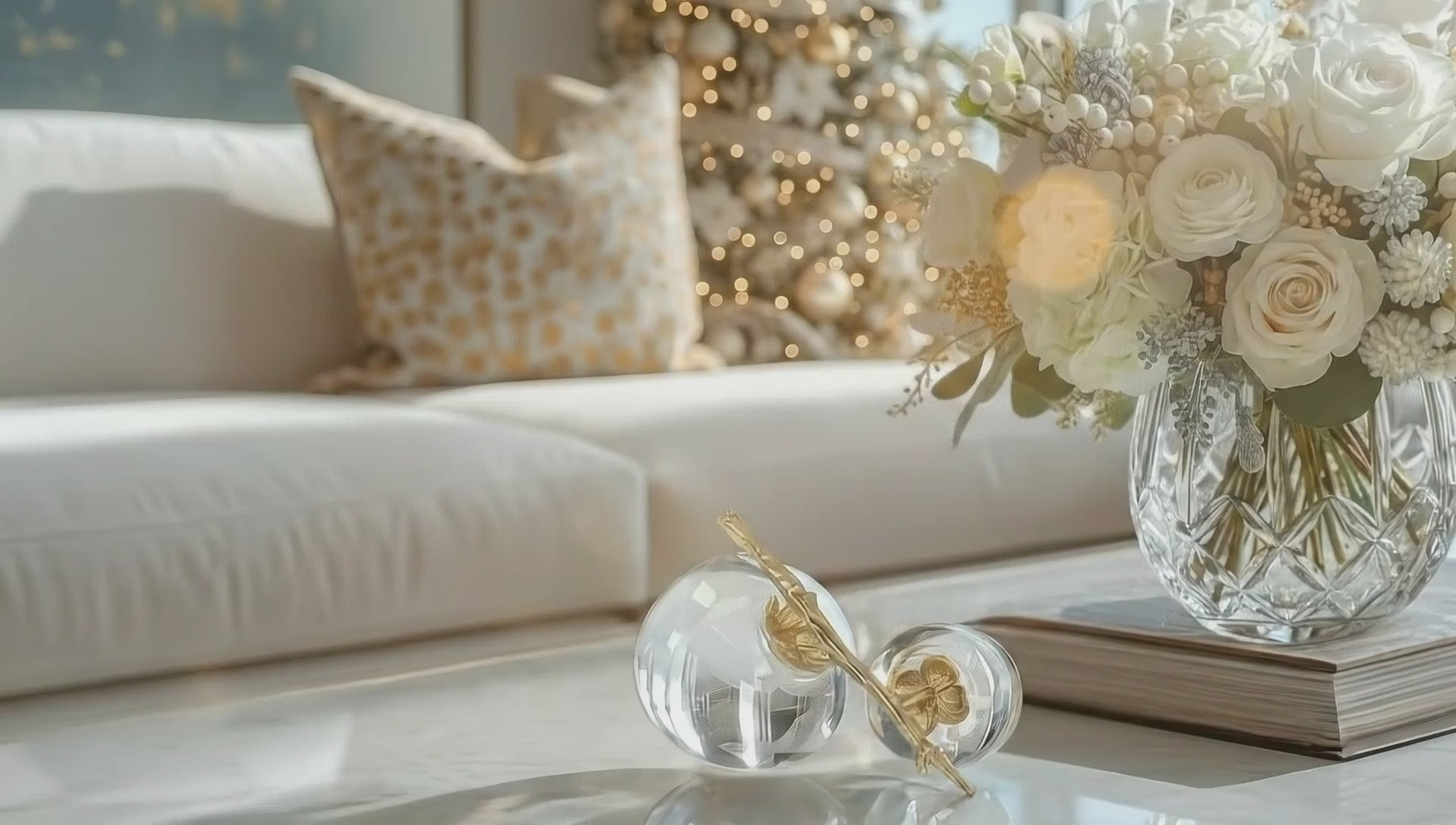A beautiful luxury living room with the crystal pomegranate styled on a modern coffee table with a gorgeous winter floral arrangement styled next to it. Epitome of luxury home decor bt Third & Main 