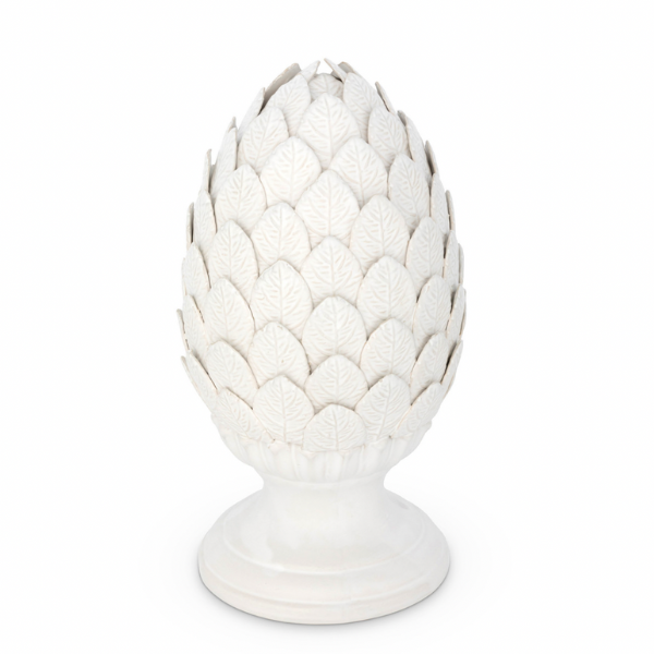 White ceramic artichoke sculpture with leaf detail