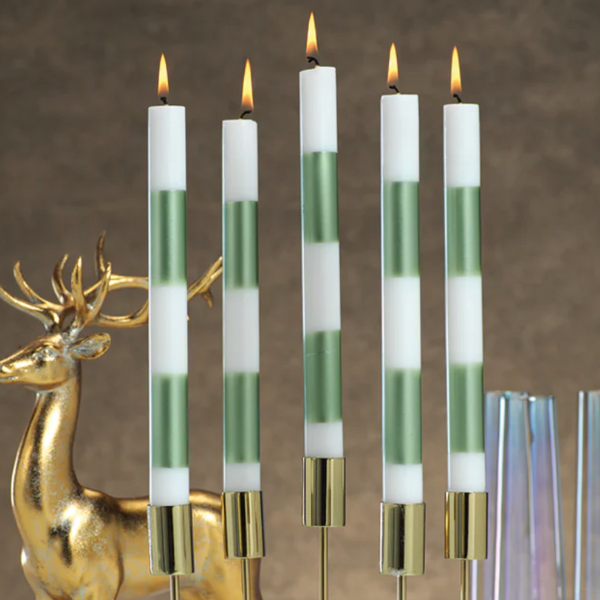 Set of 2 Green Stripe Taper Candles