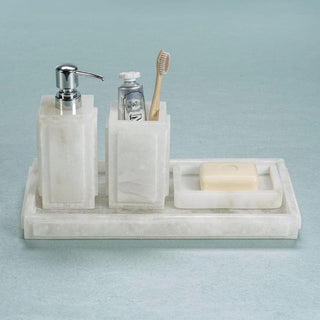 Rectangular alabaster soap dish shown at an angle highlighting the smooth finish and veining detail
