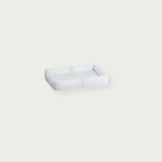 Rectangular alabaster soap dish, 5.5 inches long, full studio product shot showing natural stone veining