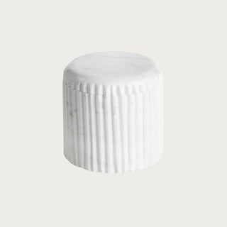 Ribbed marble apothecary jar with lid on, polished white finish, single studio product shot
