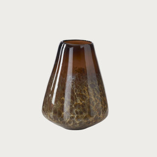 Small 11-inch brown blown glass vase with a wide tapered body, glossy translucent brown upper section, and textured-looking mottled cream and amber pattern near the base.
