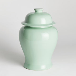 Soft sage green Koa lidded ginger jar shown with lid removed, modern traditional style, Third & Main
