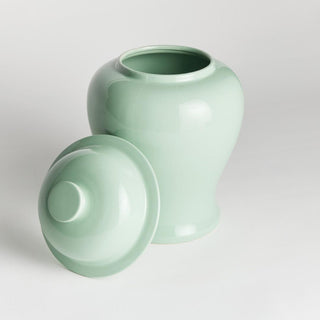 Soft sage green Koa lidded ginger jar styled as a decorative accent, modern traditional style, Third & Main