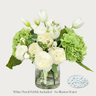 Spring True Bloom real touch hydrangea, Austin rose and tulip arrangement, close detail