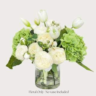 Spring True Bloom real touch hydrangea, Austin rose and tulip floral arrangement