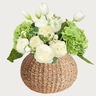 Spring real touch hydrangea, Austin rose and tulip arrangement in round seagrass vase