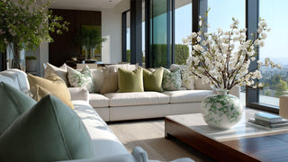  a luxury santa monica, california modern contemporary decor style living room with Large floor-to-ceiling windows with abundant lighting. Cohesive interior with clean-lined neutral furniture, subtle contrast, and elevated materials with luxurious throw pillows.