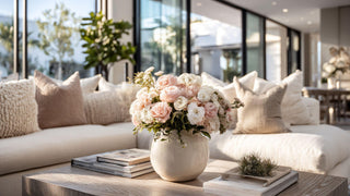 a luxurious home, focusing on the living room. It is a light-filled Santa Monica-inspired living room. Fresh florals on the coffee table in a modern vase, lots of soft coloured pillows on the sofa. The setting includes a modern neutral sofa, soft textured pillows, warm wood accents, and expansive floor-to-ceiling windows with natural coastal daylight.