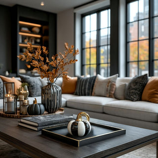 styled 3.25 inch black and white striped ceramic mini pumpkin with gold stem on a coffee table with other complementary items.