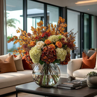 styled in a vase with other beautiful gal inspired florals, Antique Brown Faux Dried Hydrangea Stem 20.5 inches