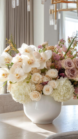 realistic faux florals in roses, hydrangeas and greenery arranged in a beautiful bouquet in a modern luxury home