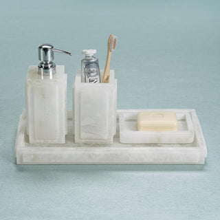White Alabaster Brush and Comb Holder shown from a second angle, solid alabaster vanity accessory, Third & Main