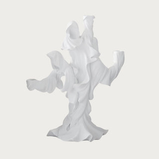 Front view of a 17.5-inch white resin candle holder with three flowing draped ghost figures and three raised taper candle holders for sculptural Halloween decor.