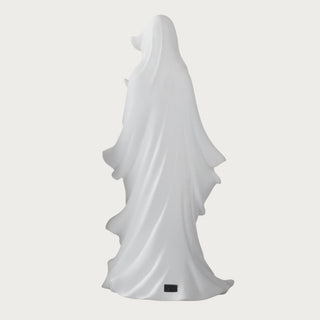 Back view of 24.25 inch white draped LED ghost showing flowing matte resin folds and concealed battery compartment for Halloween decor.