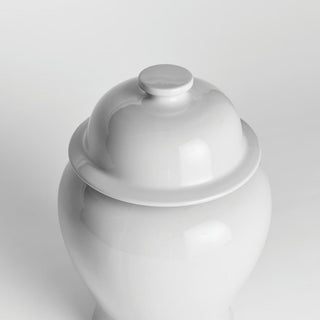 White high-gloss ceramic Koa lidded ginger jar shown with lid removed, modern traditional style, Third & Main