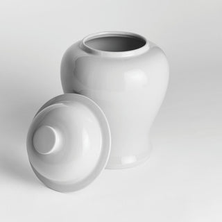 White high-gloss ceramic Koa lidded ginger jar styled as a decorative accent, modern traditional style, Third & Main