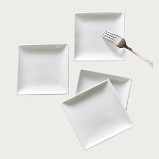 White porcelain plates, set of 4, 5 inch square, Third & Main