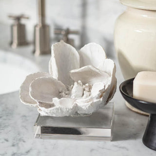 White resin magnolia on crystal base, detail view, Third & Main