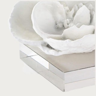 White resin magnolia on crystal base styled on console table, Third & Main