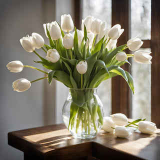 Close-up of white True Bloom real touch tulip stem showing lifelike petal texture and stem detail, Third & Main